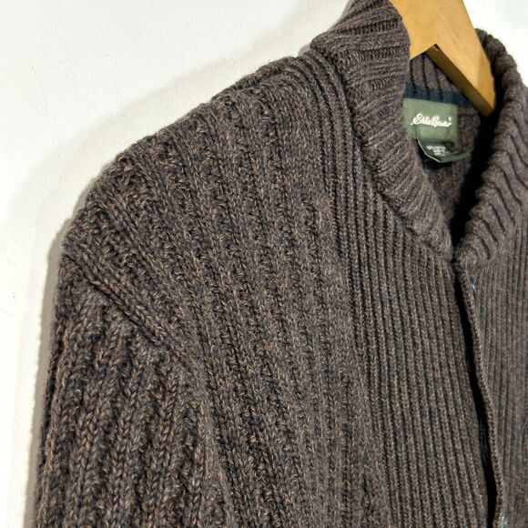 Vintage Eddie Bauer Mens L Cotton Knit Sweater 1/4 Button Brown Casual Henley - Picture 3 of 7